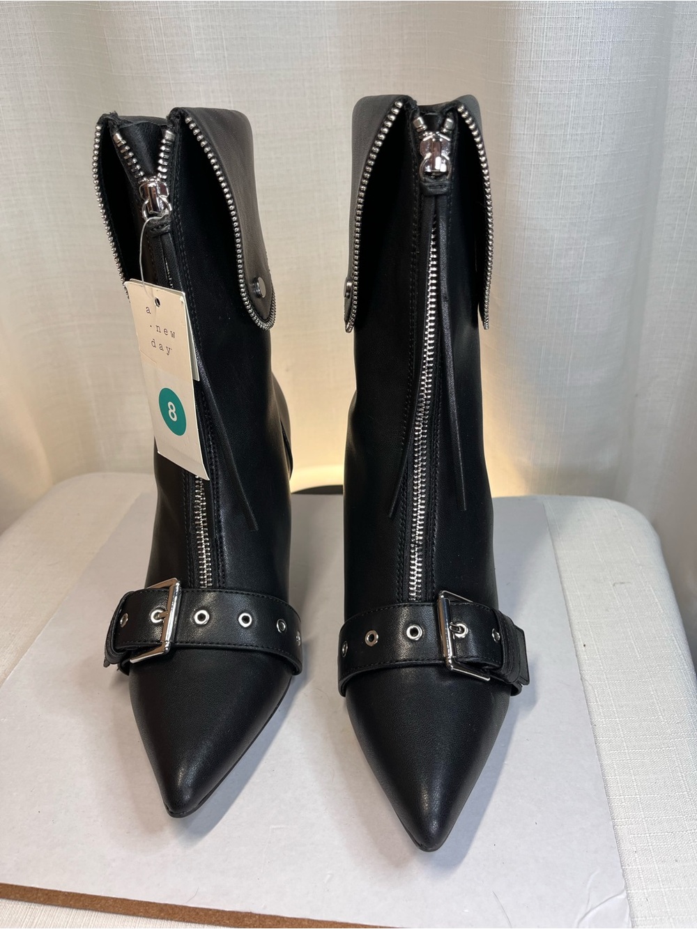 A New Day Mickey Point Toe Moto Boots Black Buckle Zip Size 8 NWT
